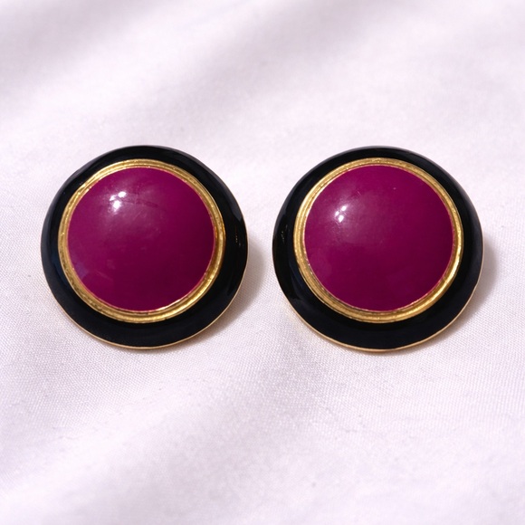 Jewelry - Round Purple Stud Earrings with Gold and Black Rim